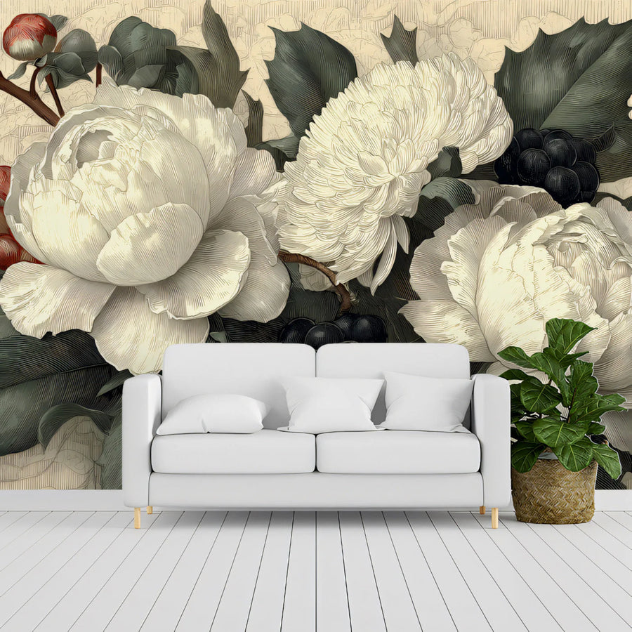 Botanical Still Life Mural Wallpaper — Vintage Floral Art Mural Wallpaper