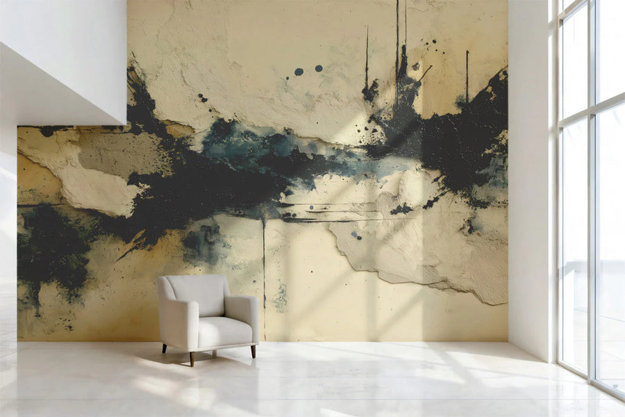 Abstract Plaster Texture Mural Wallpaper in Monochrome and Navy Mural Wallpaper