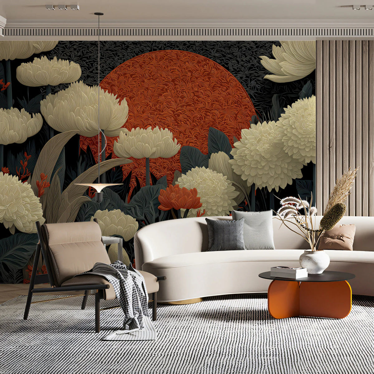 Cinnabar Moon Botanical Mural Wallpaper in Cream and Charcoal Mural Wallpaper - pure wallpaper artwork