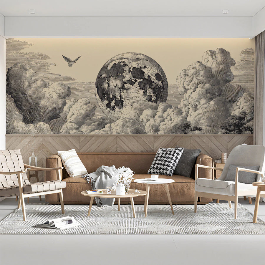 Vintage Lunar Moonscape Mural Wallpaper in Etched Style Mural Wallpaper