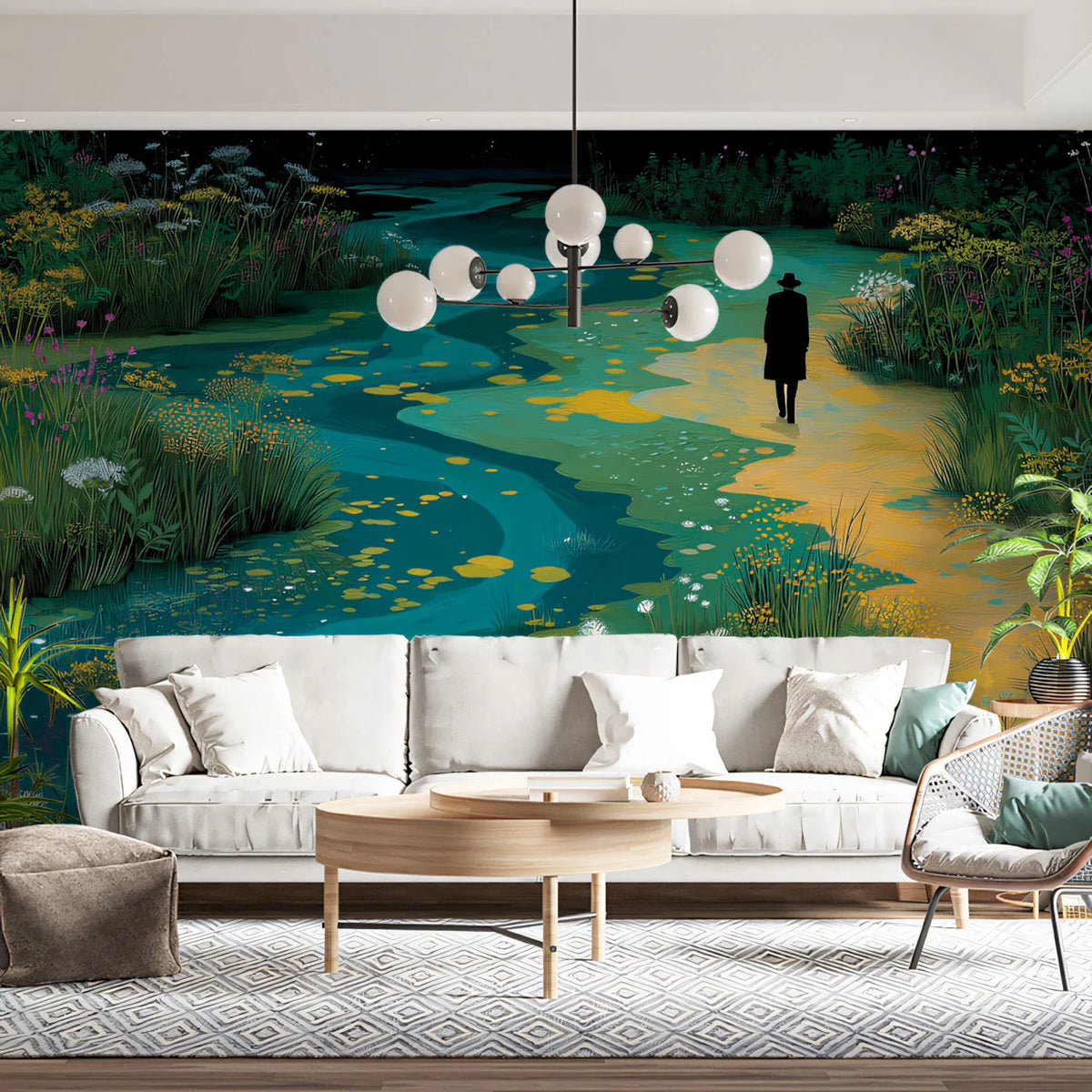 Lone Traveler Meadow Mural Wallpaper — Artistic Landscape Mural Wallpaper - pure wallpaper artwork
