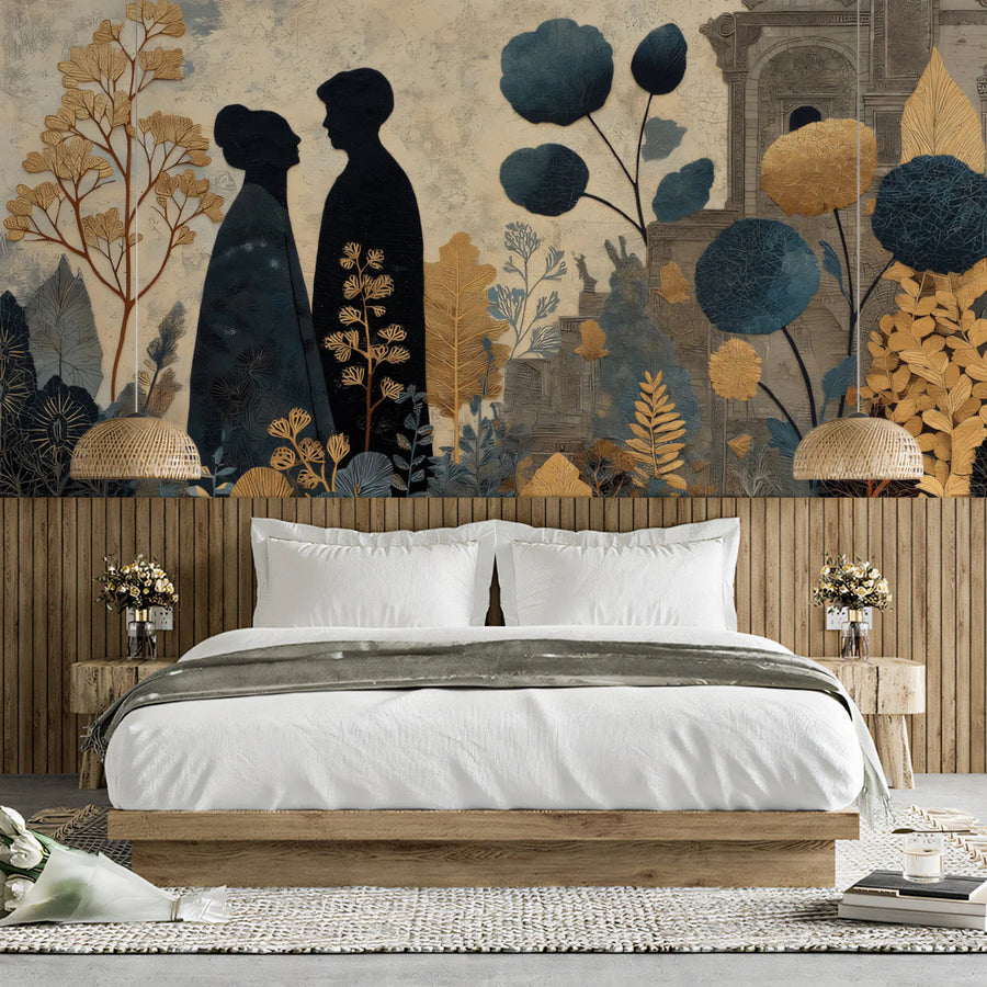 Starlit Garden Silhouette Mural Wallpaper in Gold and Slate Mural Wallpaper