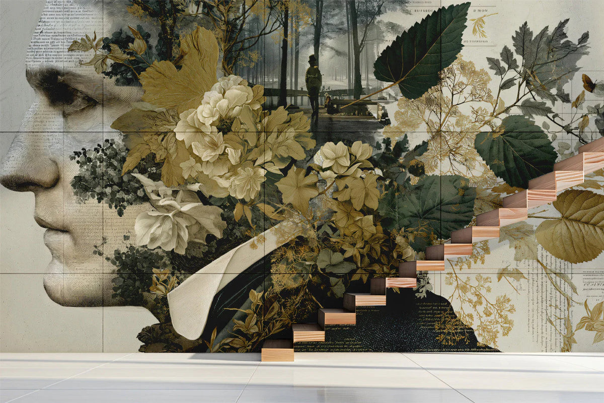 Renaissance Portrait Mural Wallpaper with Botanical Flourish Mural Wallpaper - pure wallpaper artwork