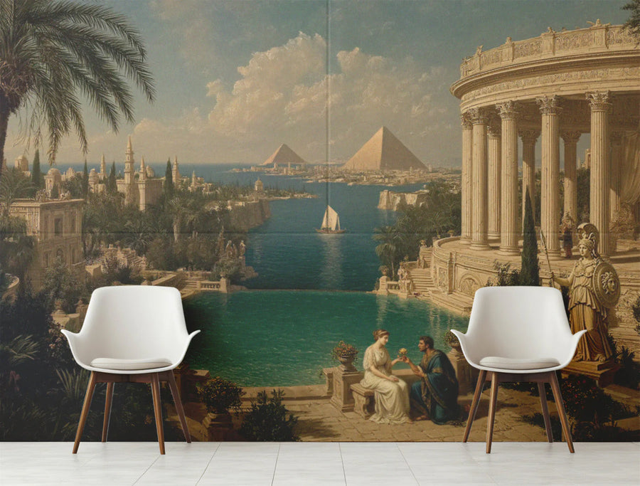 Ancient Mediterranean Oasis Mural Wallpaper — Architectural Mural Mural Wallpaper