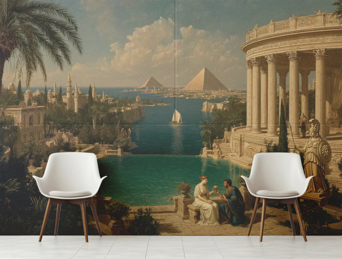 Ancient Mediterranean Oasis Mural Wallpaper — Architectural Mural Mural Wallpaper - pure wallpaper artwork