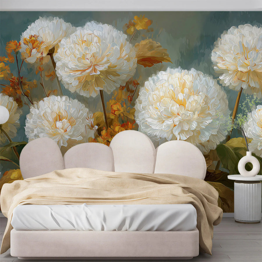 Golden Chrysanthemum Floral Mural Wallpaper