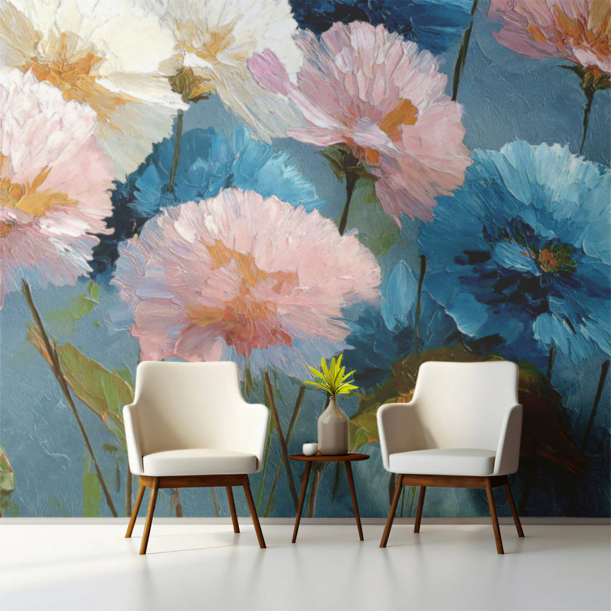 Impressionistic Floral Mural Wallpaper in Dusty Blue and Pink Mural Wallpaper - pure wallpaper artwork