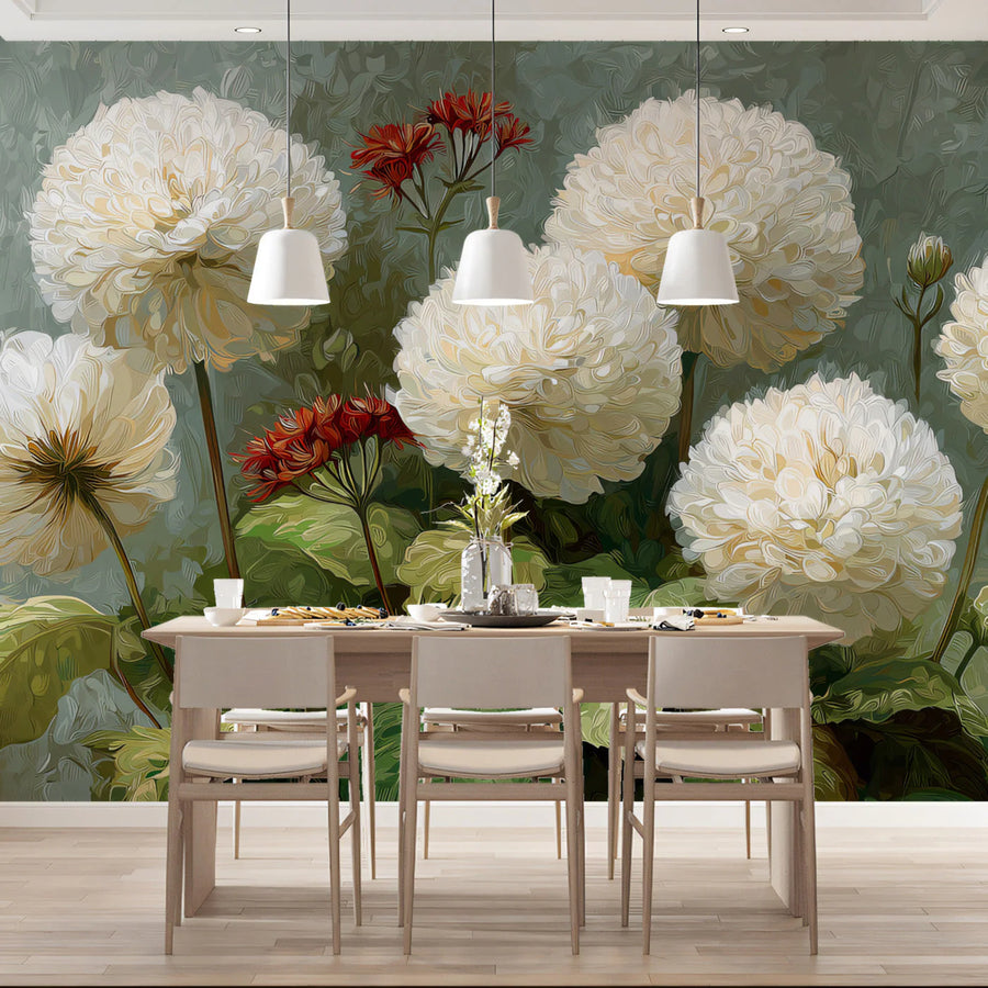 White Pom-Pom Dahlia Mural Wallpaper — Botanical Impressionist Art Mural Wallpaper