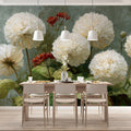 White Pom-Pom Dahlia Mural Wallpaper — Botanical Impressionist Art Mural Wallpaper - pure wallpaper artwork