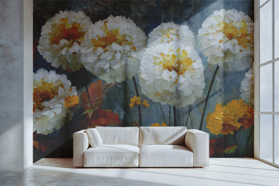 Impressionistic Marigold Bloom Mural Wallpaper in Yellow and Grey Mural Wallpaper