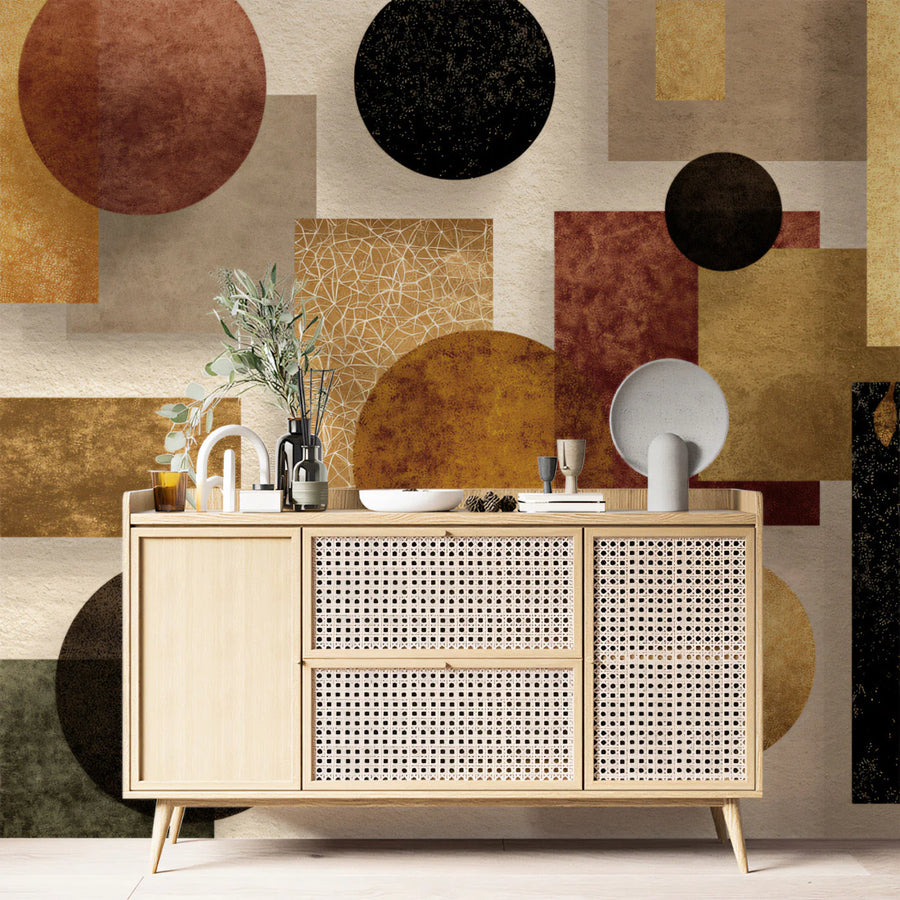 Abstract Geometric Mural Wallpaper with Earthy Gold and Charcoal Mural Wallpaper