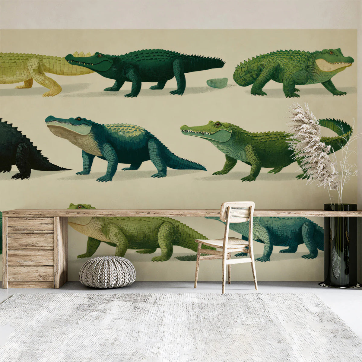 Vintage Alligator Study Mural Wallpaper in Earthy Greens Mural Wallpaper - pure wallpaper artwork