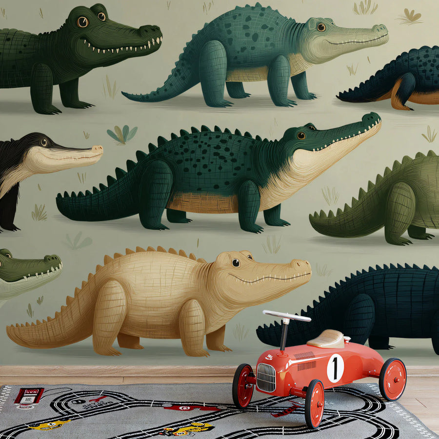 Friendly Crocodile Playtime Mural Wallpaper for Kids Mural Wallpaper