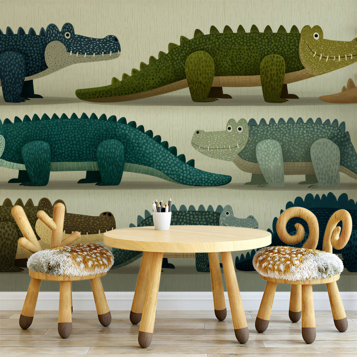 Friendly Crocodile Parade Mural Wallpaper — Whimsical Nature Design Mural Wallpaper - pure wallpaper artwork