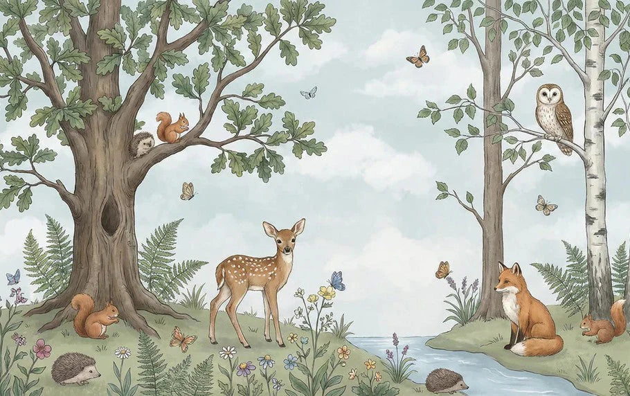 Waldtiere und Bäume Aquarell Wandmalerei Tapete Natur Kinderzimmer Dekor Mural Wallpaper - pure wallpaper artwork