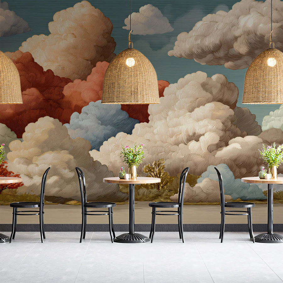 Vintage Sky Cloudscape Mural Wallpaper — Artistic Etching Style Mural Wallpaper