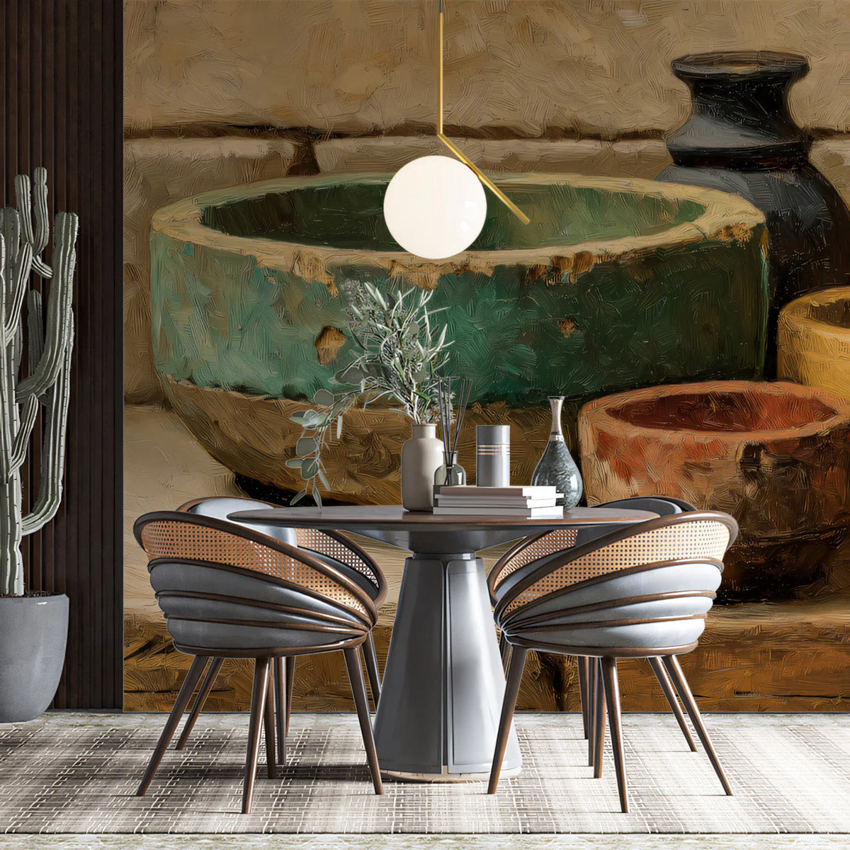 Rustic Ceramic Still Life Mural Wallpaper — Earthy Oil Painting Mural Wallpaper - pure wallpaper artwork