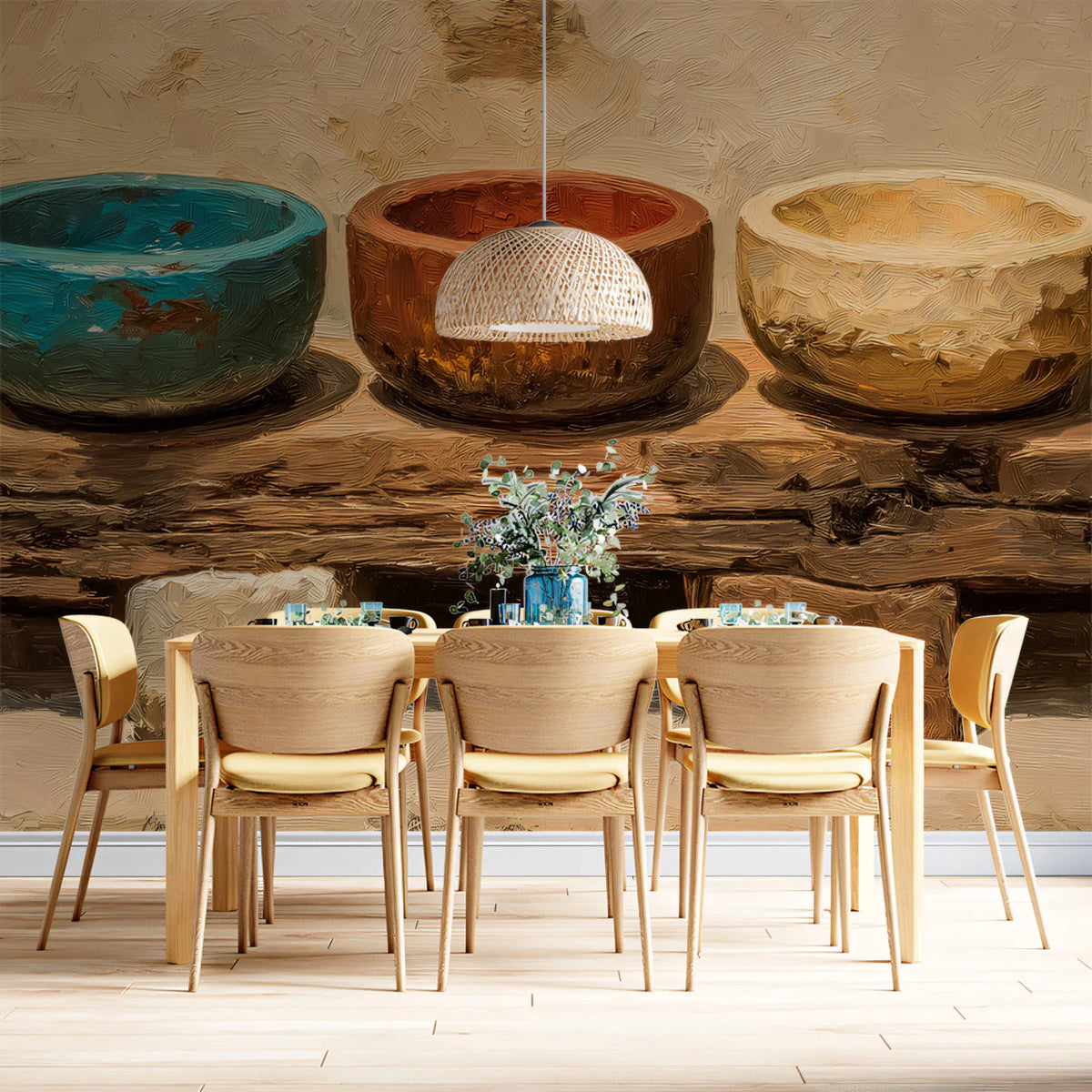 Rustic Ceramic Bowls Mural Wallpaper — Earthy Painted Texture Mural Wallpaper - pure wallpaper artwork