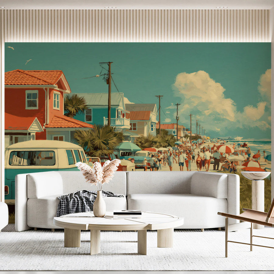 Coastal Summer Vibe Mural Wallpaper — Seaside Leisure Scene Mural Wallpaper