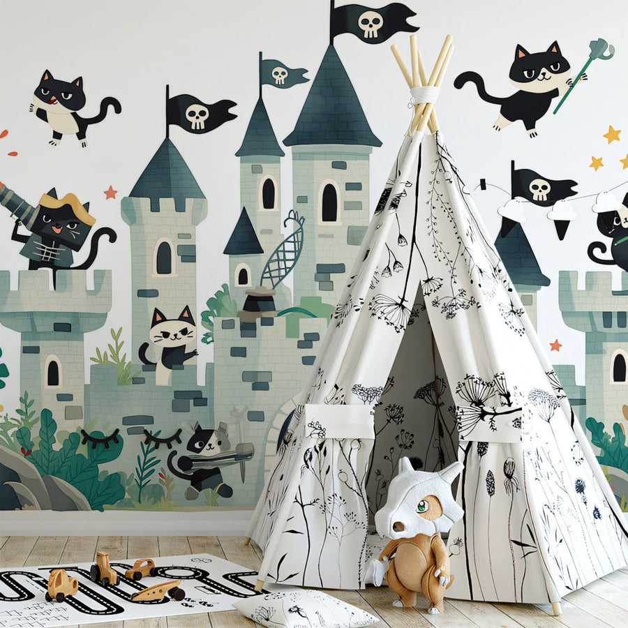 Cat Pirate Castle Mural Wallpaper — Whimsical Children's Adventure Mural Wallpaper