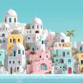 Mural etéreo de pueblo mediterráneo ligero Escena costera en tonos pastel blanco y azul suave Mural Wallpaper - pure wallpaper artwork
