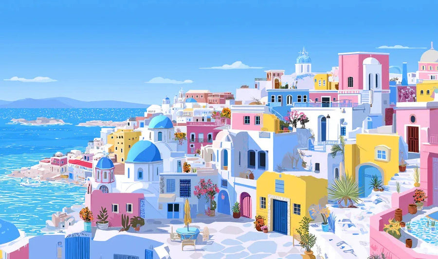 Sunny Coastal Santorini View Mural Wallpaper Bright Blue Domes Summer Atmosphere Mural Wallpaper