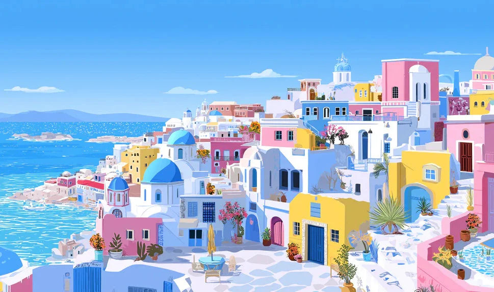 Sunny Coastal Santorini View Mural Wallpaper Bright Blue Domes Summer Atmosphere Mural Wallpaper - pure wallpaper artwork