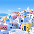 Sunny Coastal Santorini View Mural Wallpaper Bright Blue Domes Summer Atmosphere Mural Wallpaper - pure wallpaper artwork