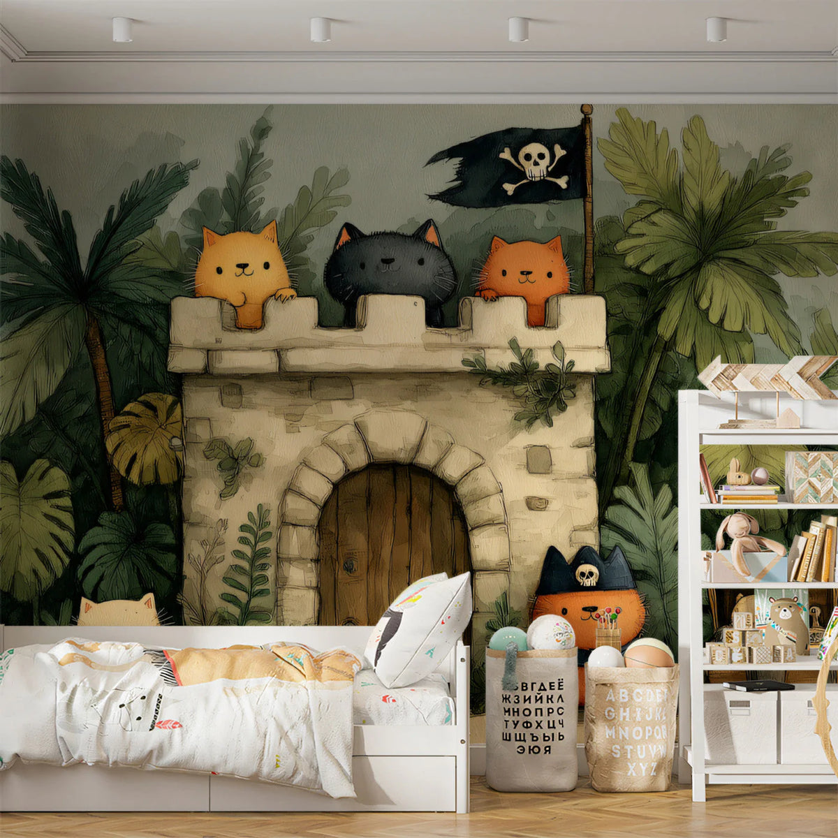 Pirate Cat Castle Mural Wallpaper — Playful Jungle Illustration Mural Wallpaper - pure wallpaper artwork