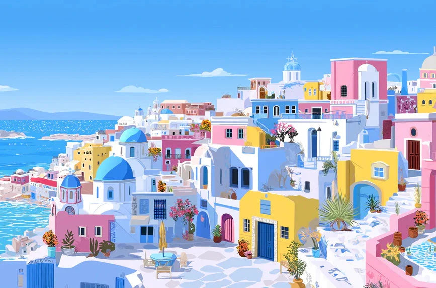 Sunny Coastal Santorini View Mural Wallpaper Bright Blue Domes Summer Atmosphere Mural Wallpaper - pure wallpaper artwork