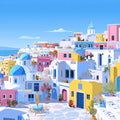 Sunny Coastal Santorini View Mural Wallpaper Bright Blue Domes Summer Atmosphere Mural Wallpaper - pure wallpaper artwork