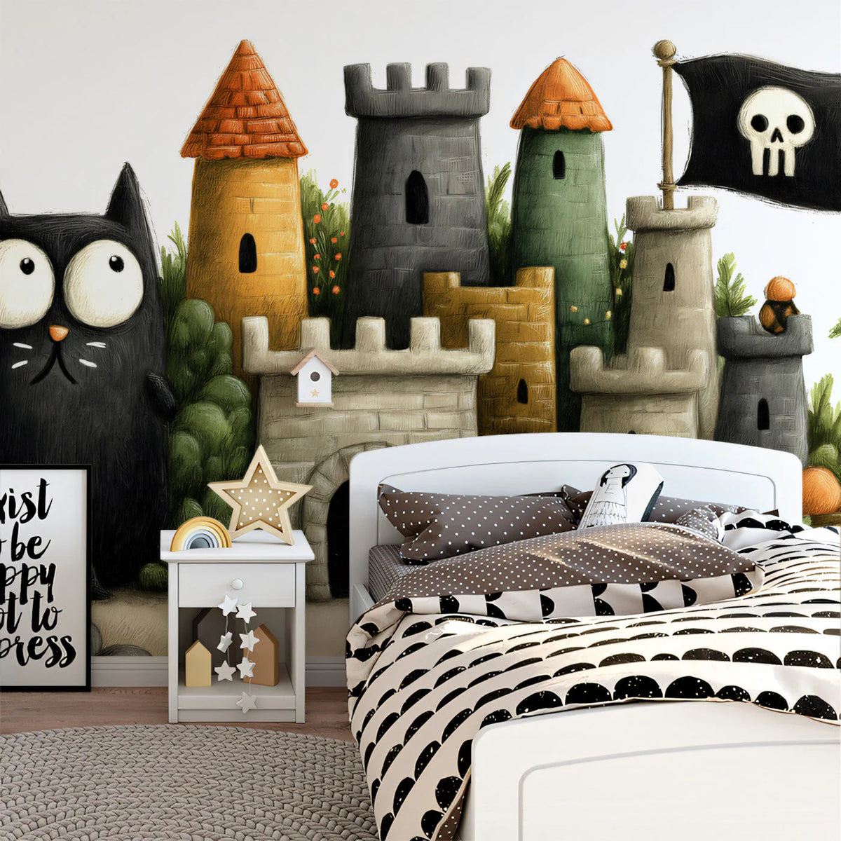 Whimsical Pirate Cat Castle Mural Wallpaper — Child’s Play Decor Mural Wallpaper - pure wallpaper artwork