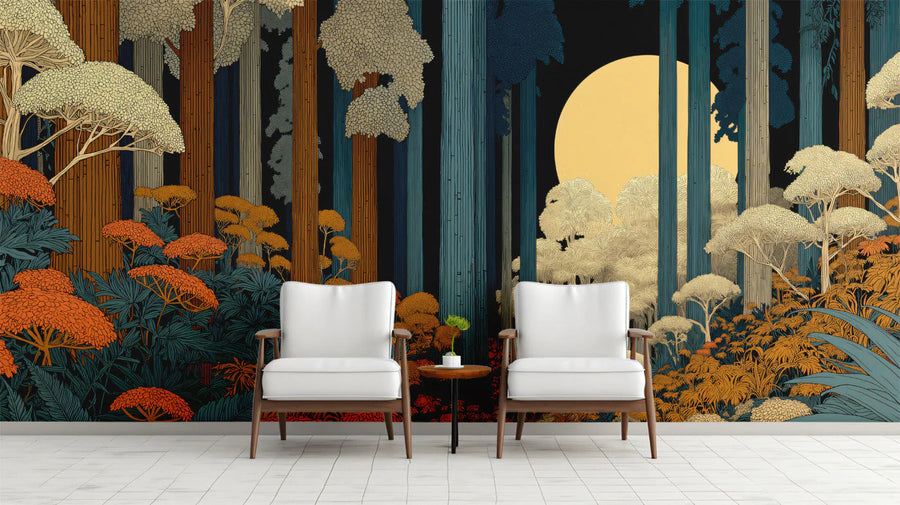 Midnight Forest Walk Mural Wallpaper — Stylized Nature Scene Mural Wallpaper