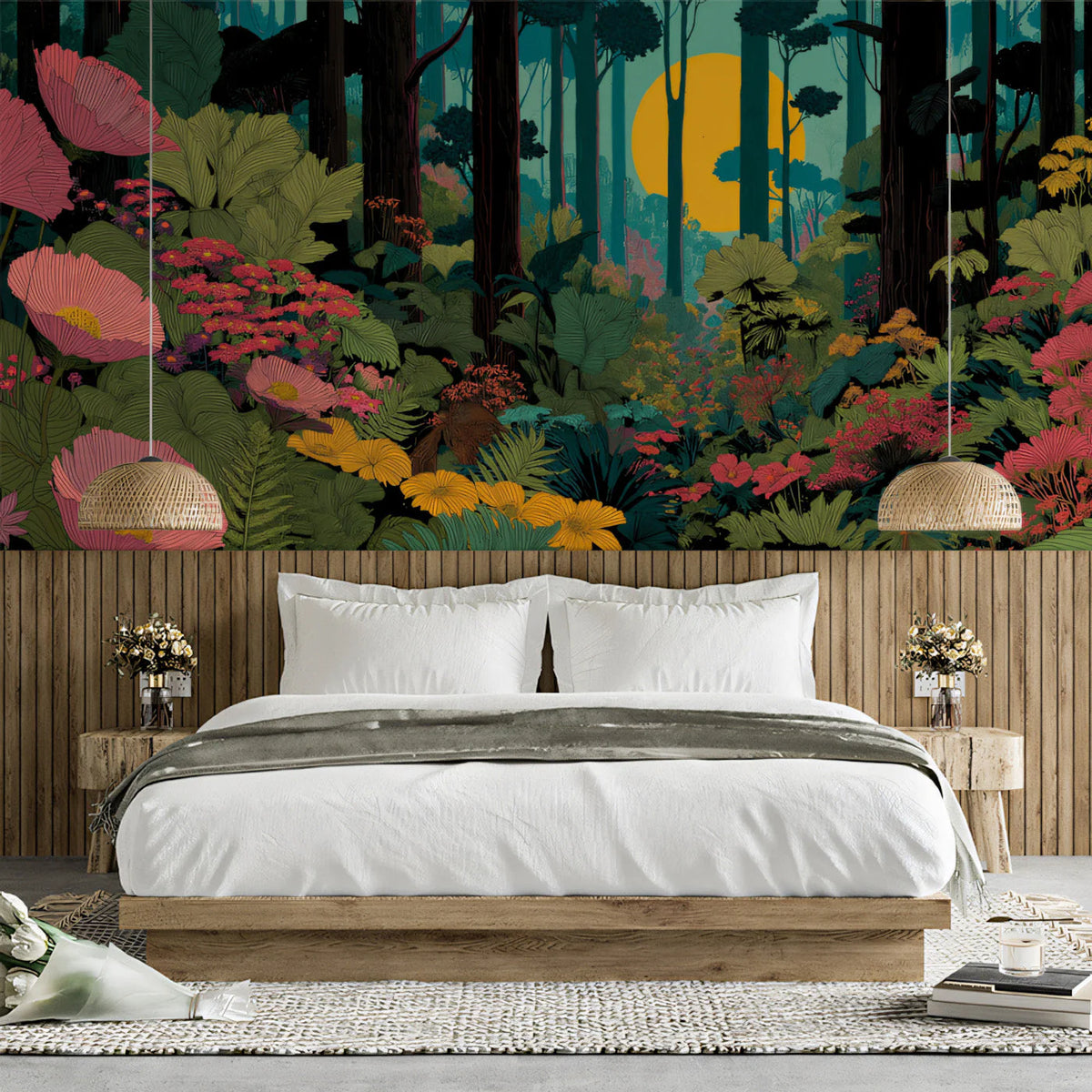 Sunlit Forest Botanical Mural Wallpaper — Whimsical Floral Art Mural Wallpaper - pure wallpaper artwork