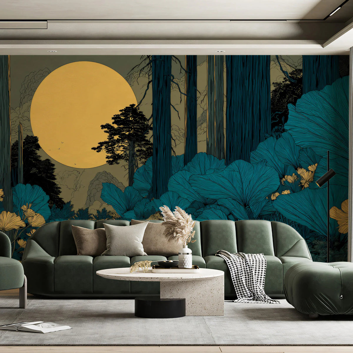 Midnight Forest Mural Wallpaper with Golden Moon Motif Mural Wallpaper - pure wallpaper artwork
