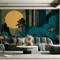 Midnight Forest Mural Wallpaper with Golden Moon Motif Mural Wallpaper - pure wallpaper artwork