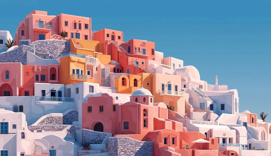 Warm Tiered Mediterranean Village Mural Wallpaper Sunset Pink Orange Coastal Scene Mural Wallpaper