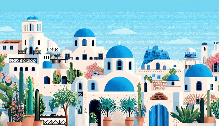 Flat Art Santorini Coastal Village Mural Wallpaper Iconic Blue Domes, Pink Flowers, Desert Flora Mural Wallpaper
