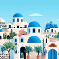 Flat Art Santorini Coastal Village Mural Wallpaper Iconic Blue Domes, Pink Flowers, Desert Flora Mural Wallpaper - pure wallpaper artwork