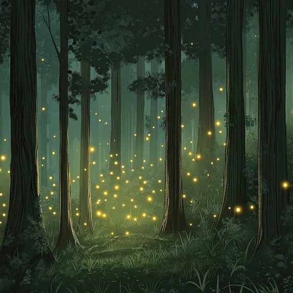 Green Forest with Fireflies Mural Wallpaper in Bedroom Green, Yellow Forest with Fireflies Mural Wallpaper - pure wallpaper artwork