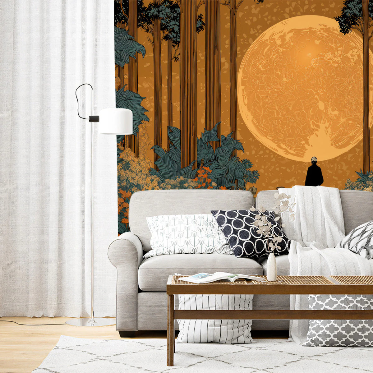 Midnight Moonlit Forest Mural Wallpaper with Botanical Detail Mural Wallpaper - pure wallpaper artwork