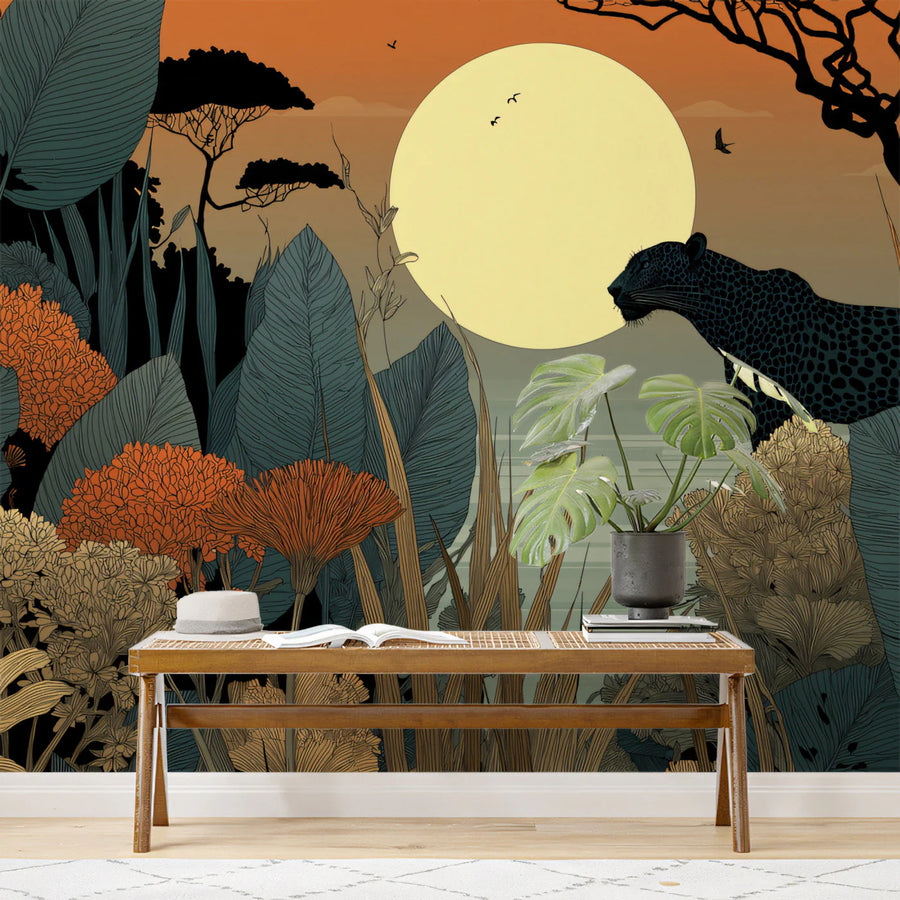 Safari Sunset Mural Wallpaper with Leopard Motif Mural Wallpaper