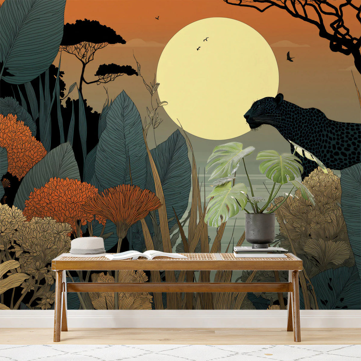 Safari Sunset Mural Wallpaper with Leopard Motif Mural Wallpaper - pure wallpaper artwork