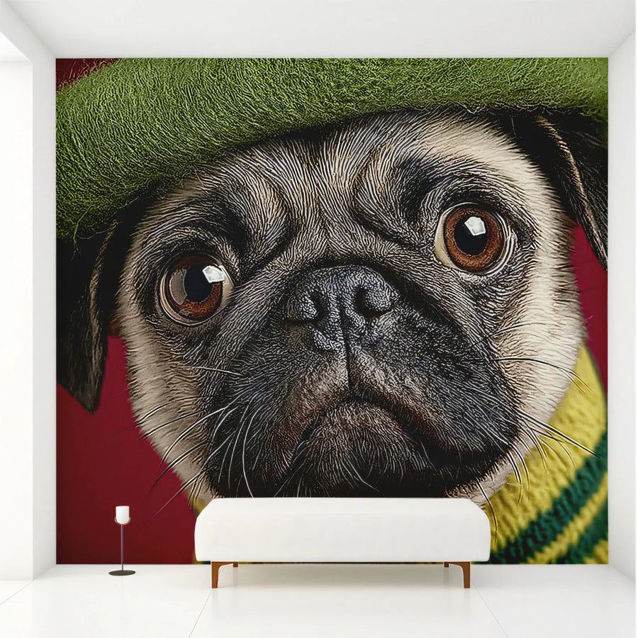 Charming Pug in Beret Mural Wallpaper — Whimsical Pet Portrait Mural Wallpaper