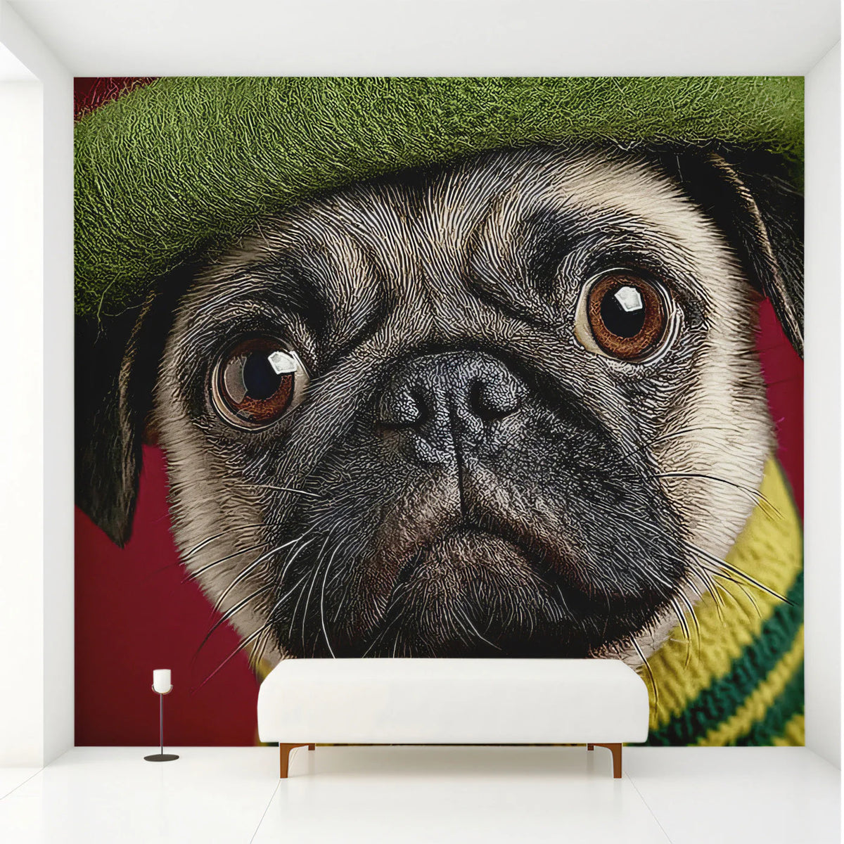 Charming Pug in Beret Mural Wallpaper — Whimsical Pet Portrait Mural Wallpaper - pure wallpaper artwork