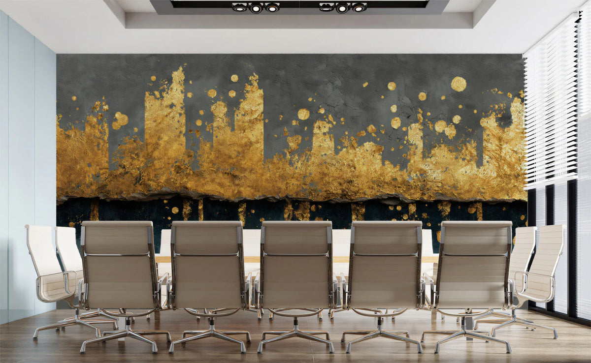 Gilded Skyline Mural Wallpaper — Abstract Gold and Charcoal Mural Wallpaper - pure wallpaper artwork