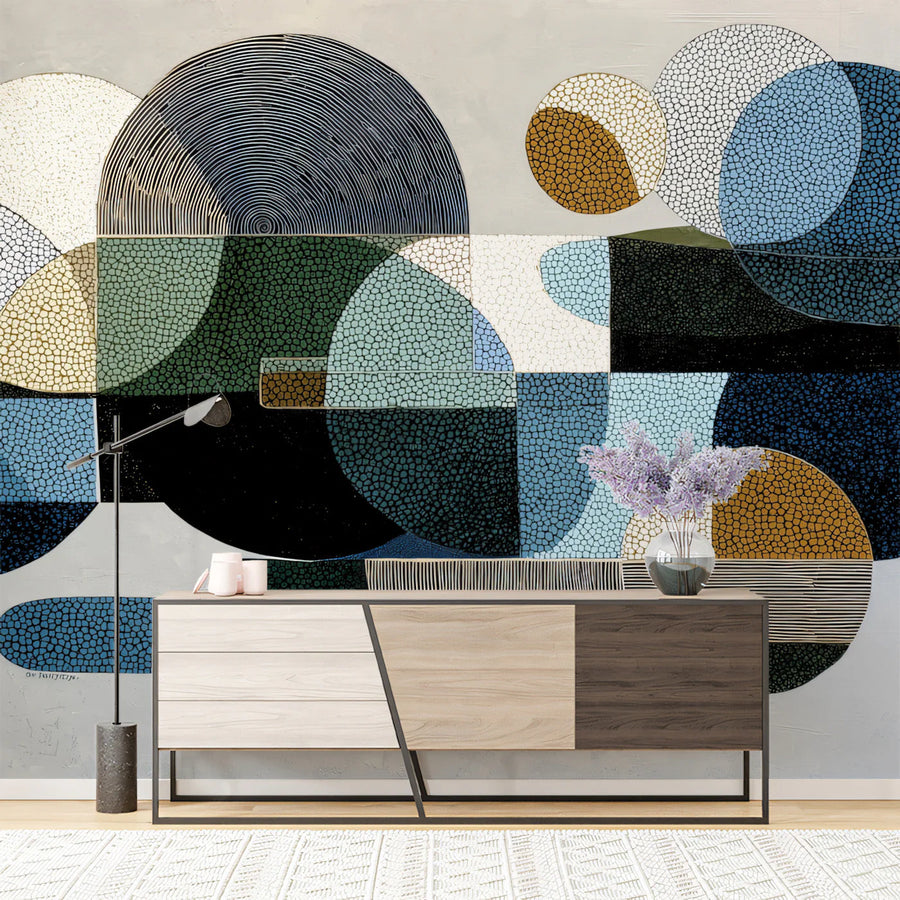 Abstract Geometric Circles Mural Wallpaper in Deep Blues and Ochre Mural Wallpaper