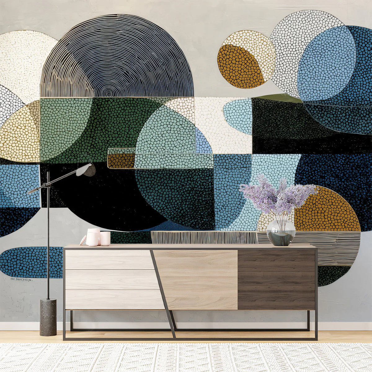 Abstract Geometric Circles Mural Wallpaper in Deep Blues and Ochre Mural Wallpaper - pure wallpaper artwork