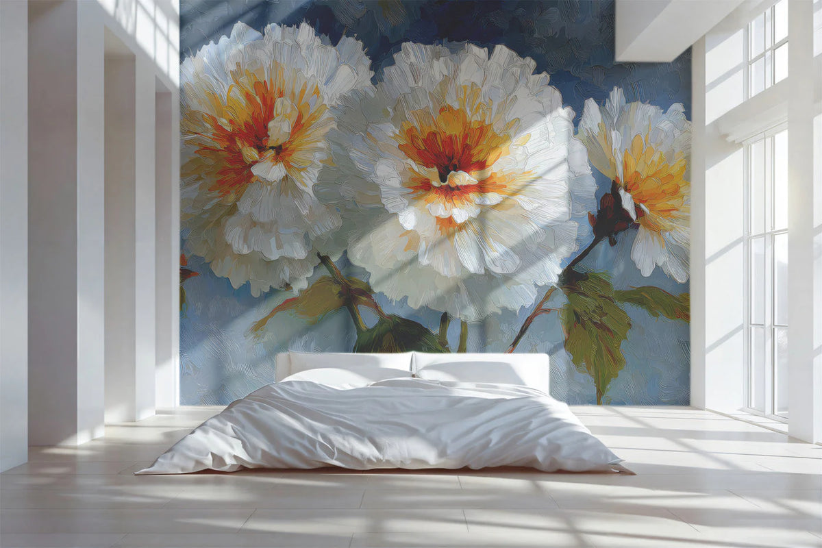 Impressionist White Peony Mural Wallpaper with Golden Centers Mural Wallpaper - pure wallpaper artwork