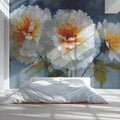 Impressionist White Peony Mural Wallpaper with Golden Centers Mural Wallpaper - pure wallpaper artwork